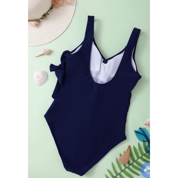 Blue Wrap V Neck One-Piece Swimsuit - Picture 6 of 9